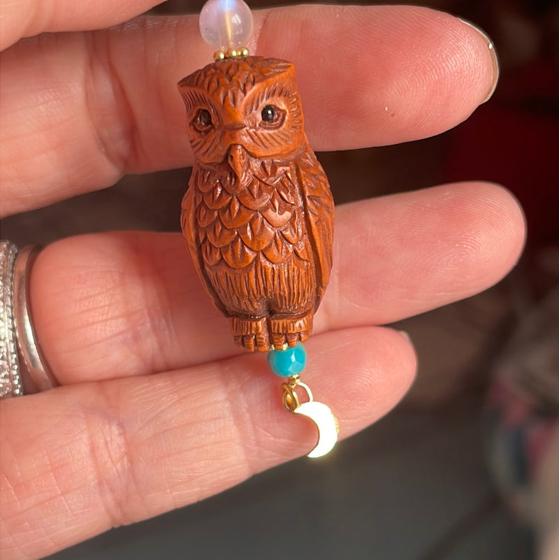 Carved Owl Pendant - Netsuke - Moon Drop, Turquoise and Moonstone - Gold filled findings