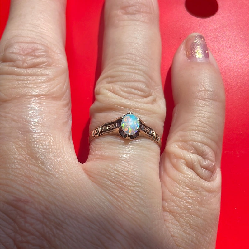 Opal Ring - Ornate Shoulders - 14k Rose Gold - Victorian - Antique