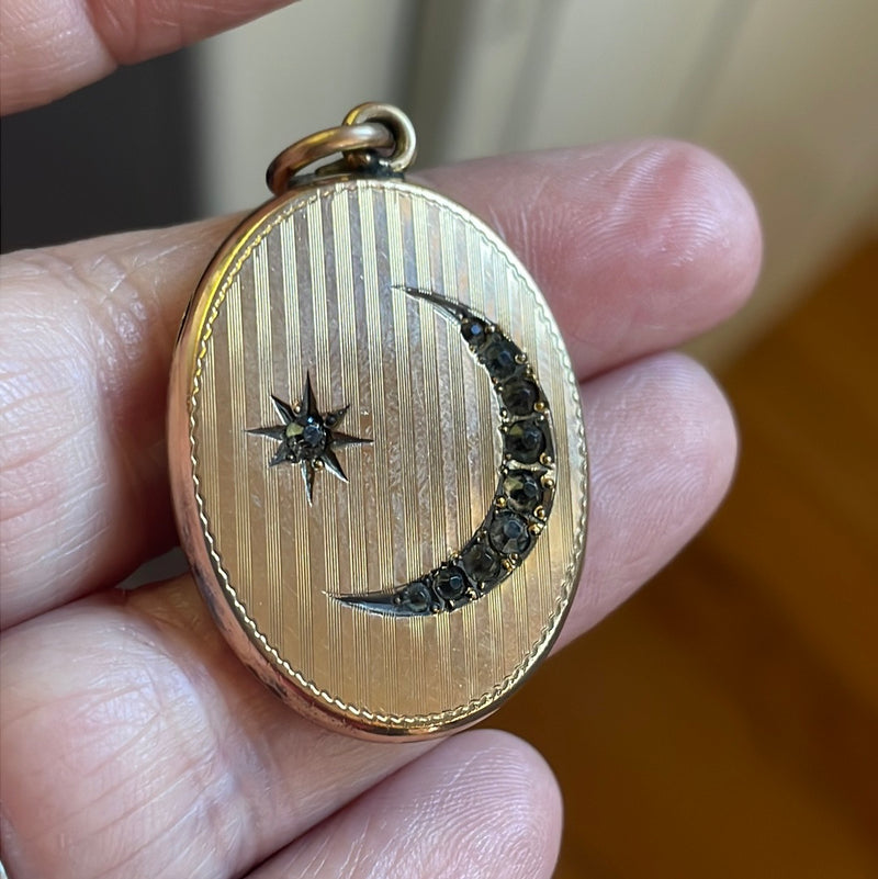 Moon Star Locket - Gold Filled - Antique