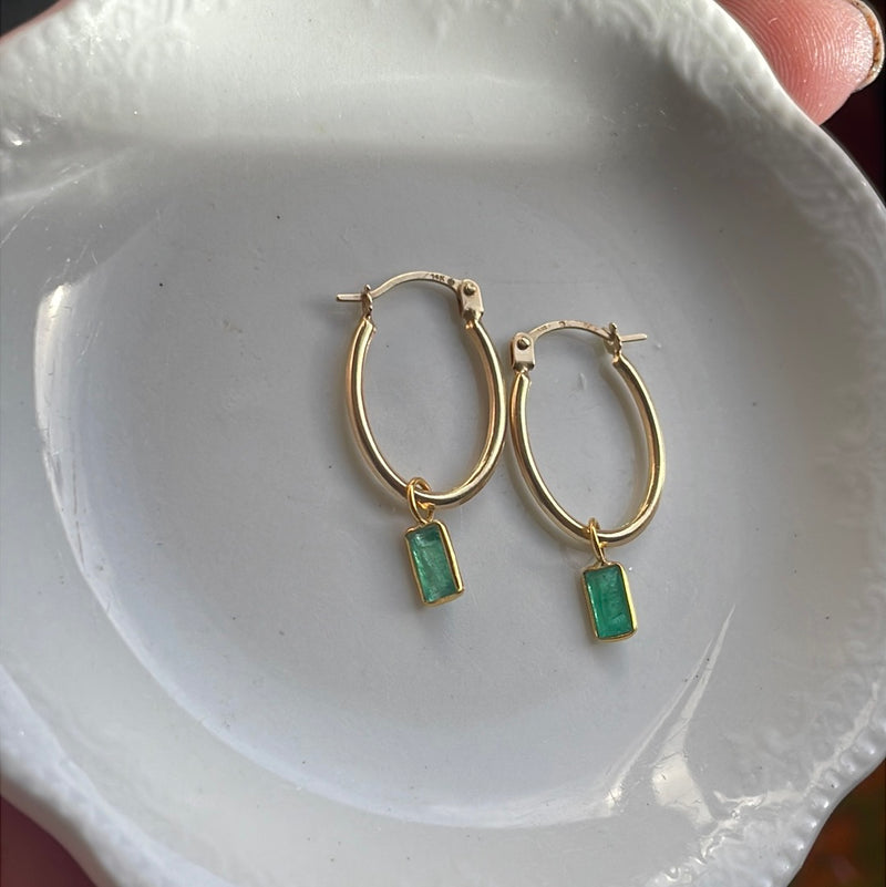 Emerald Oval Hoop Drop Earrings - 14k Gold Hoops and 18k Gold Drops - Vintage