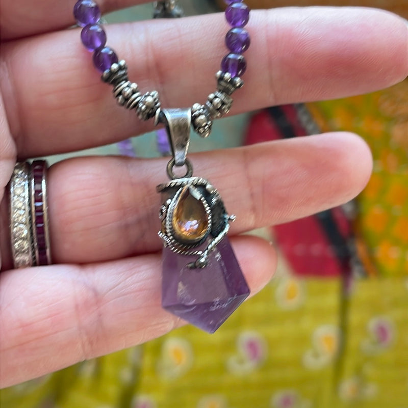 Amethyst Ametrine Necklace - Beaded - Sterling Silver - Vintage