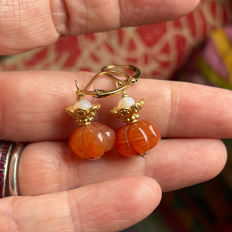Carnelian Pumpkin Earrings - Opal  Glass - Gold Filled - Handmade