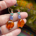 Outlander Earrings -Amber, Tanzanite, Apatite and Coral - Gold Filled - Handmade