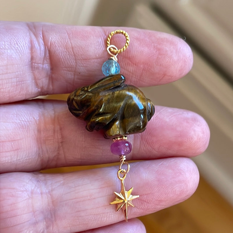 Carved Rabbit Pendant - Tiger’s Eye - Ruby and Fluorite - Gold Filled - Handmade