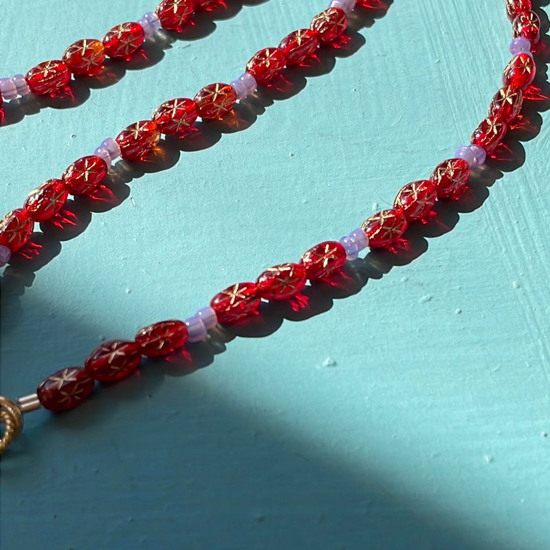 Red Starry Necklace - Bohemian Purple Glass - Gold Filled - Handmade