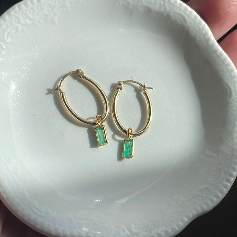 Emerald Oval Hoop Drop Earrings - 14k Gold Hoops and 18k Gold Drops - Vintage