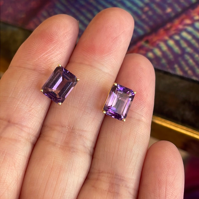 Amethyst Earrings Emerald Cut 14k Gold Vintage – Vintage