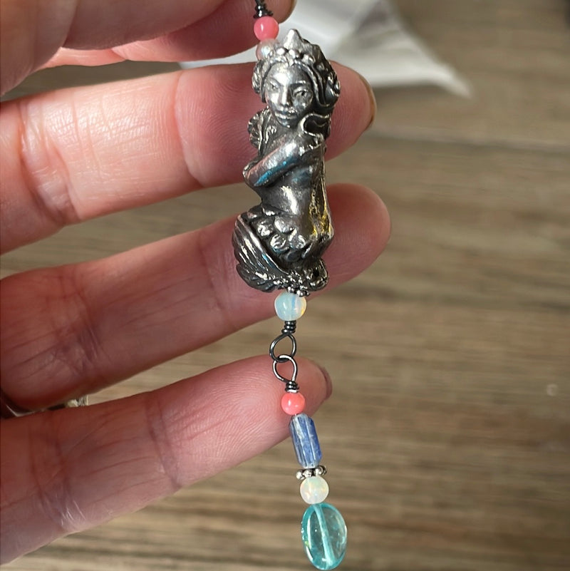 Mermaid Pendant - Apatite, Kyanite, Opal, Pearl and Coral - Pewter and Sterling Silver - Handmade