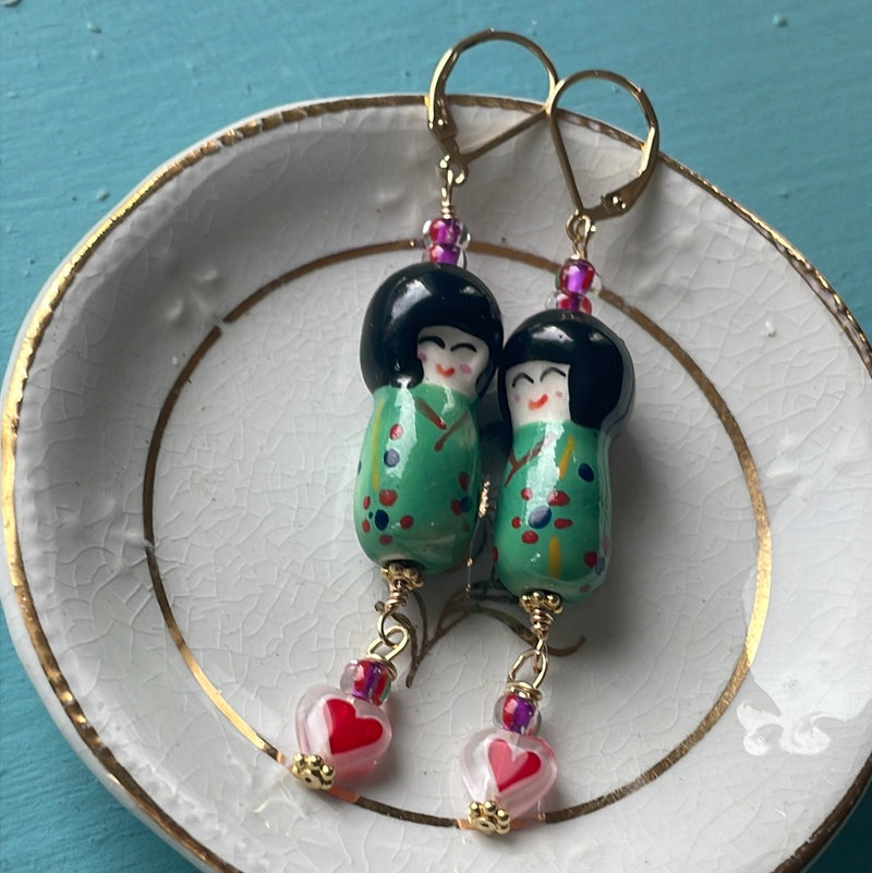 Kokeshi Sister Earrings - Gold Filled - Handmade