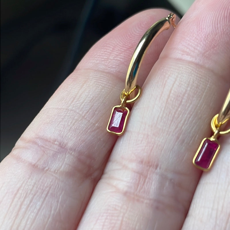 Ruby Hoop Earrings - 14k Gold Hoops - 18k Gold Drops - As Is