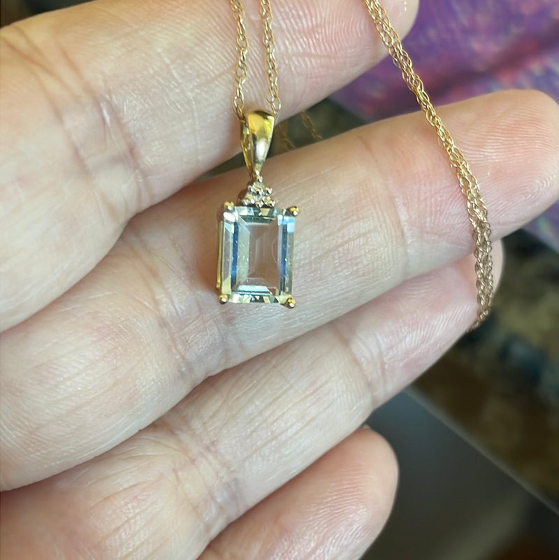 Aquamarine Necklace - Emerald Cut - Diamond - 10k Gold - Vintage