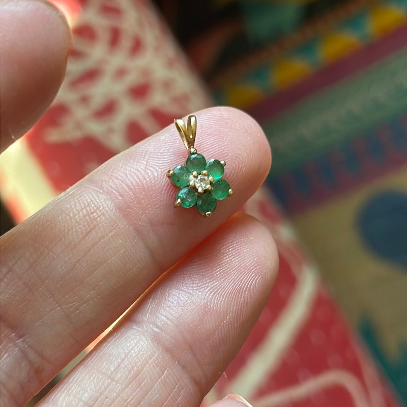 Emerald Diamond Flower Pendant - 14k Gold - Vintage