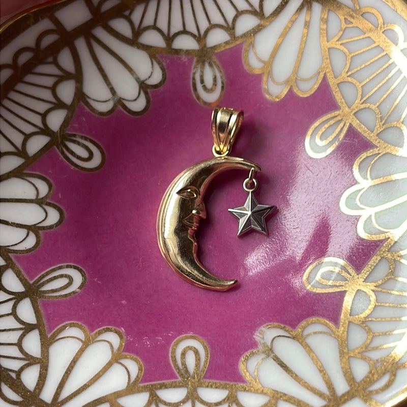 Moon Pendant - Star Drop - 14k Gold - Vintage