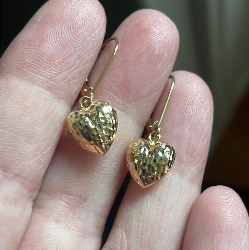 Textured Heart Drop Earrings - 14k Gold - Vintage