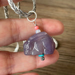 Carved Agate Rabbit Talisman - Turquoise - Opal - Sterling Silver - Handmade