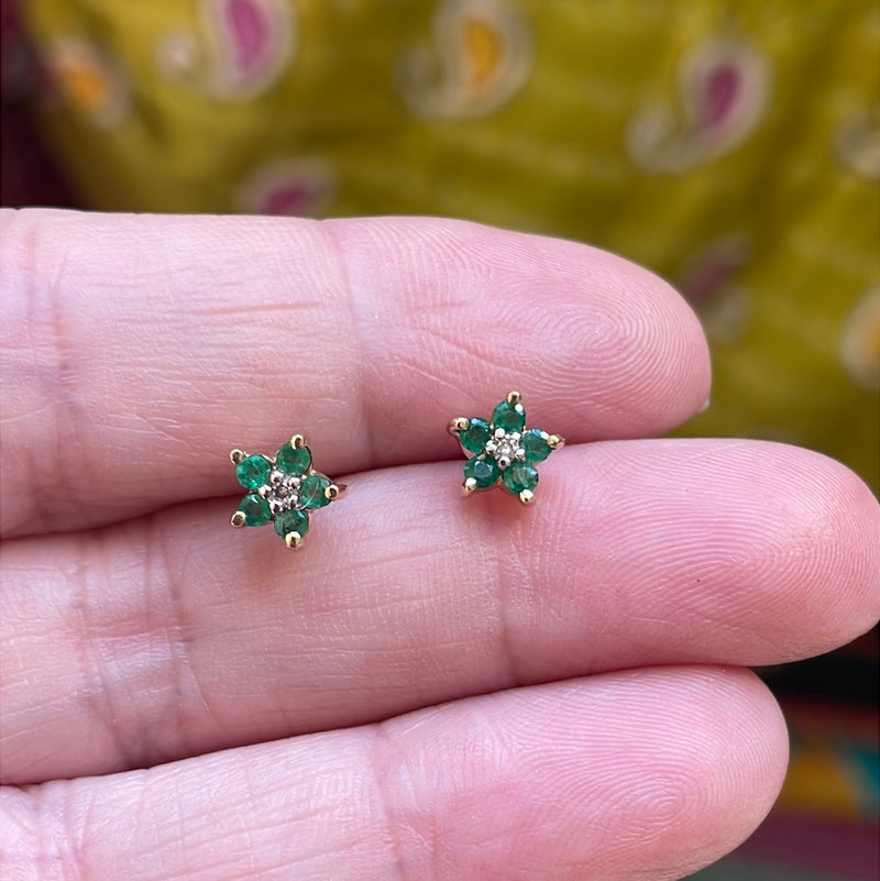 Emerald Diamond Flower Earrings - 10k Gold - Vintage