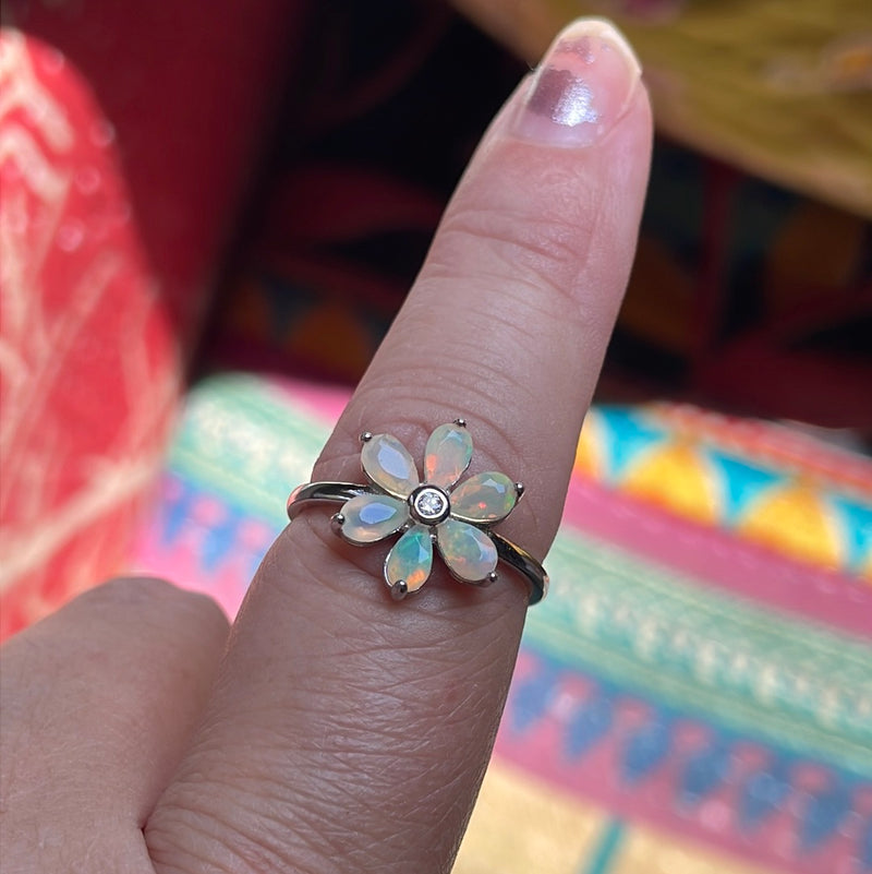 Opal Flower Ring - Sterling Silver - Modern