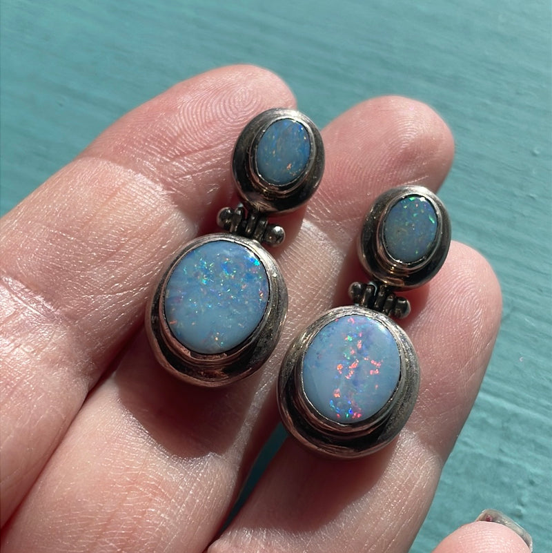 Opal Drop Earrings - Sterling Silver - Vintage