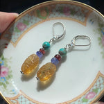 Carved Citrine Earrings - Turquoise, Garnet and Tanzanite - Sterling Silver - Vintage