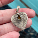 Engraved Heart Pendant - Citrine - Sterling Silver - vintage