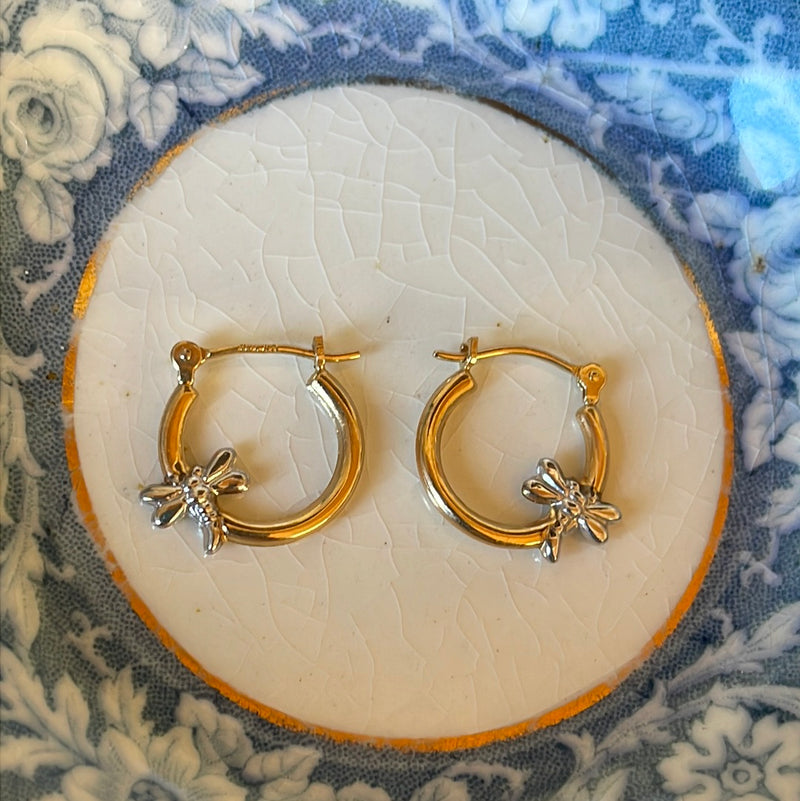 Dragonfly Hoop Earrings - 14k Gold - Vintage