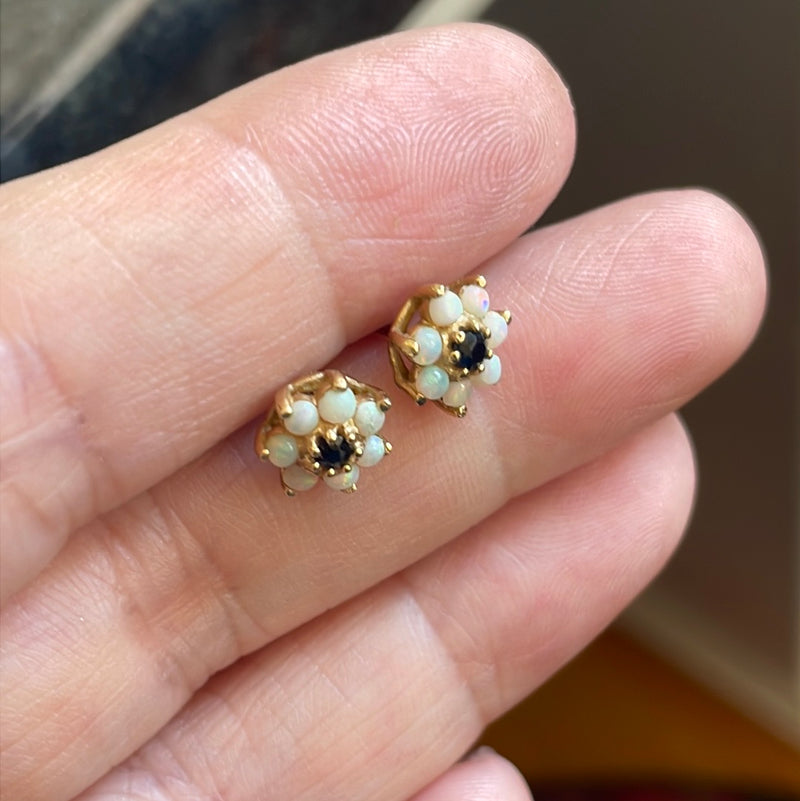 Opal Sapphire Flower Stud Earrings - 10k Gold - Vintage