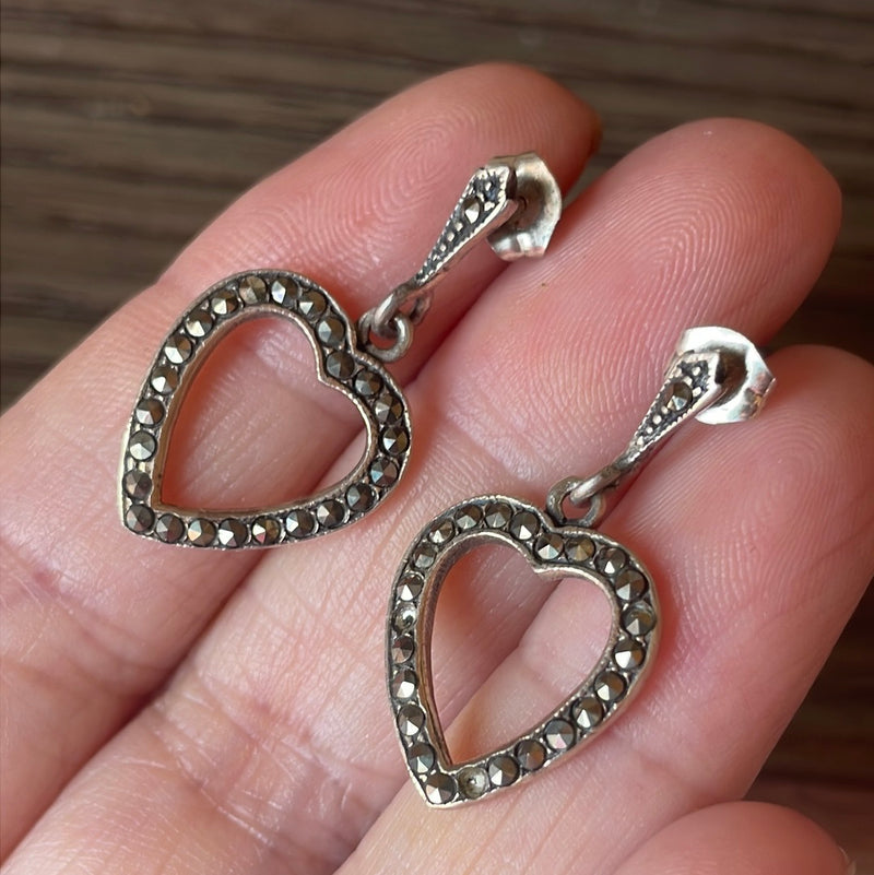 Marcasite Heart Earrings Sterling Silver Vintage – Vintage