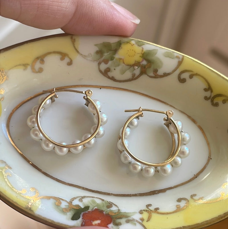 Pearl Hoop Earrings - 10k Gold - Vintage