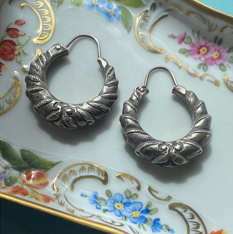 Repousse Striped Hoop Earrings - Sterling Silver - Vintage