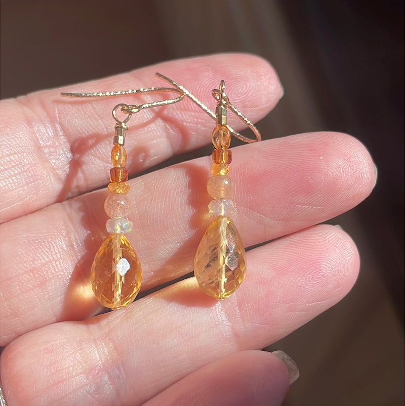 Autumnal Earrings - Citrine, Opal, Peach Moonstone, Yellow Sapphire and Topaz - Gold Filled - Handmade