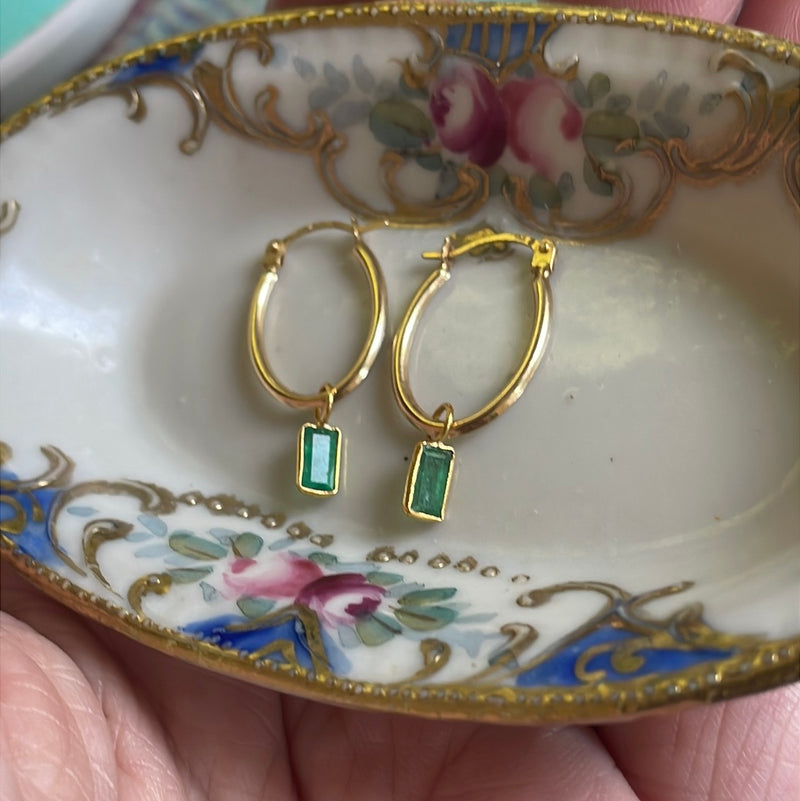 Emerald Oval Hoop Drop Earrings - 14k Gold Hoops and 18k Gold Drops - Vintage