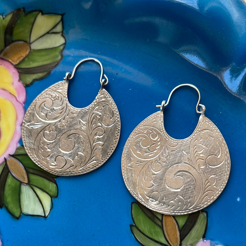 Huge Engraved Hoop Earrings - Sterling Silver - Vintage