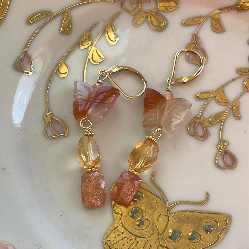 Butterfly Earrings - Citrine, Carnelian and Sunstone - Gold Filled - Handmade