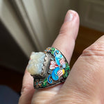 Carved Mother of Pearl Ring - Enamel - Sterling Silver - Vintage