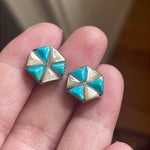 Turquoise Mother of Pearl pinwheel Earrings - Sterling Silver - Vintage