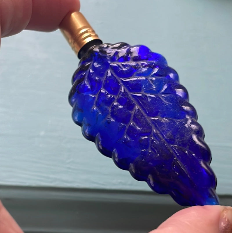 Cobalt Glass Leaf Bottle - Vintage