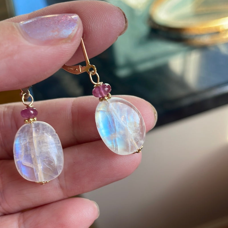 Moonstone Oval Earrings - Pink Sapphire- Gold Filled - Handmade
