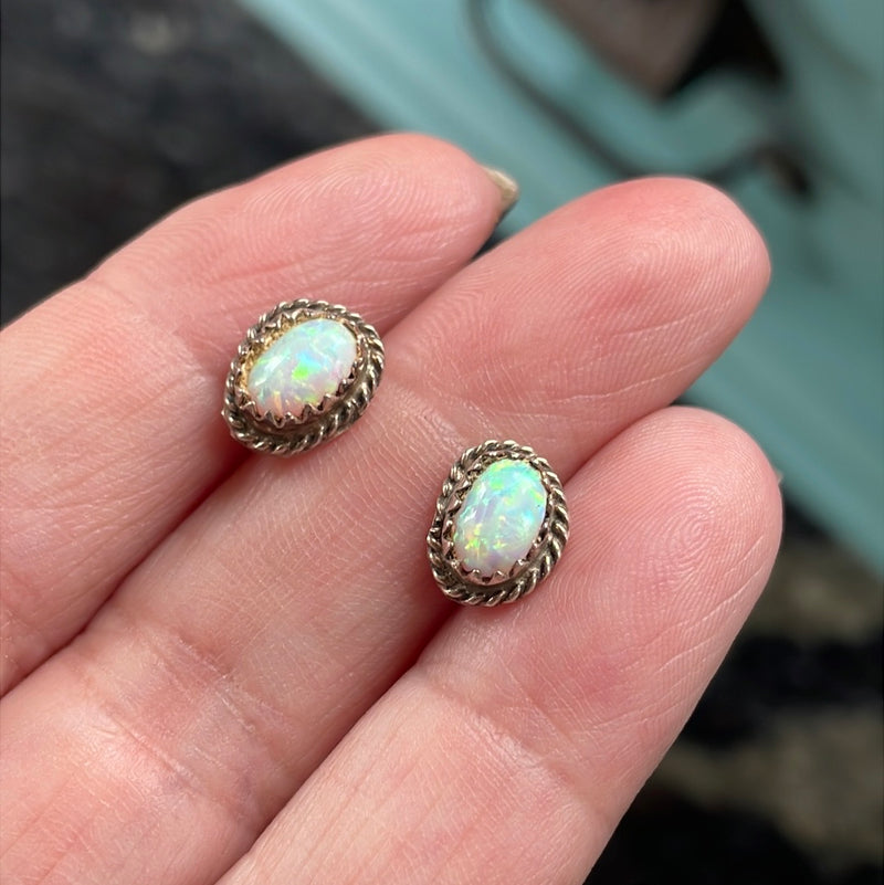 Opal Stud Earrings - Sterling Silver - Vintage