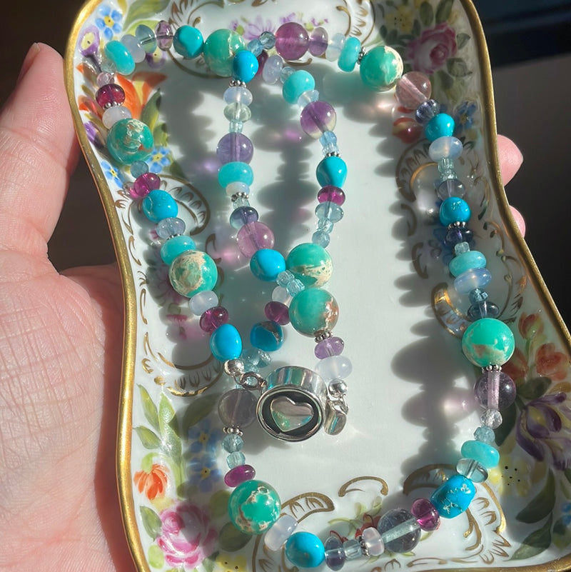 Ocean Confetti One of a Kind Necklace - Turquoise, Chalcedony, Fluorite and Amazonite - Sterling Heart Clasp - Handmade