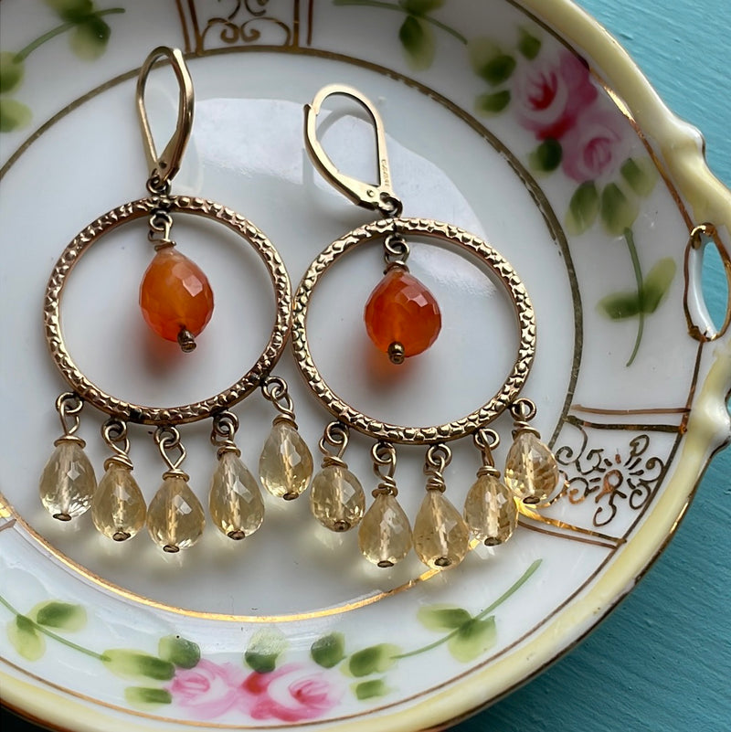 Carnelian Citrine Chandelier Earrings - Gold Filled - Handmade
