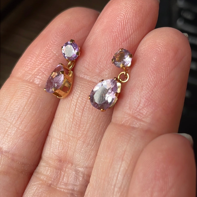 Amethyst Drop Earrings - Rose de France - 14k Gold - Vintage