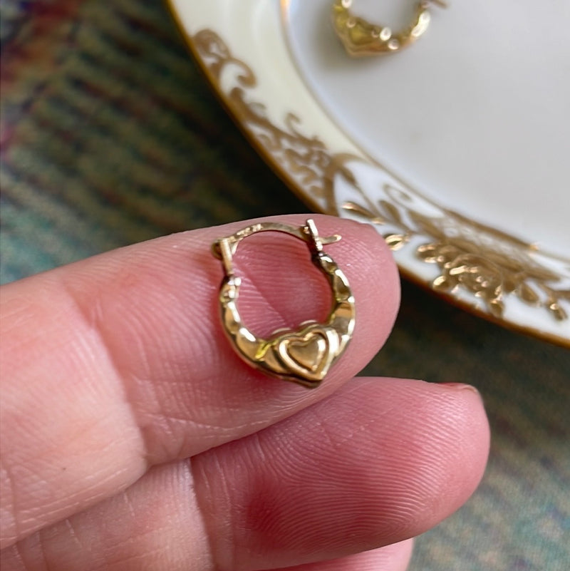 Mini Heart Hoop Earrings - 10k Gold - Vintage
