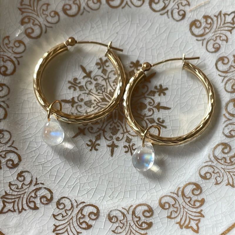 Moonstone Hoop Earrings - 14k gold hoops - 14k drops