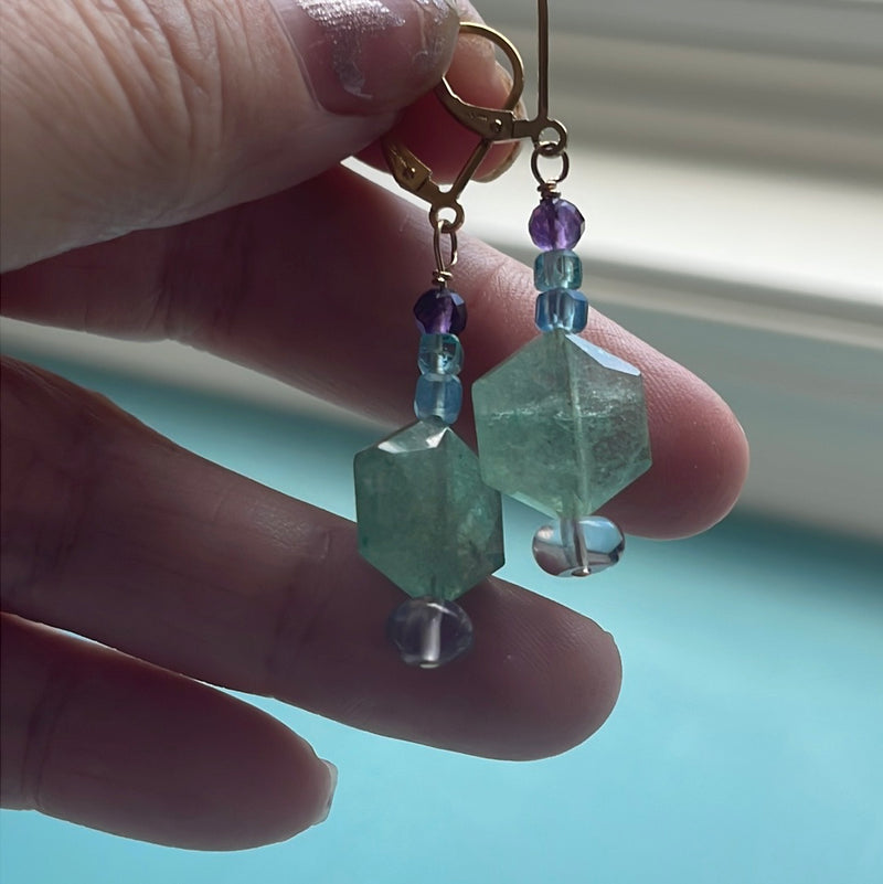 Ocean Drop Earrings - Chalcedony, Fluorite and Apatite - Gold Filled - Handmade