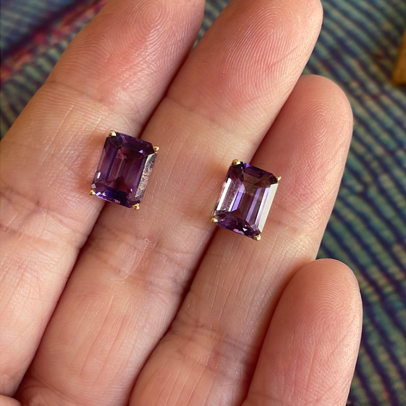 Amethyst Earrings - Emerald Cut - 14k Gold - Vintage