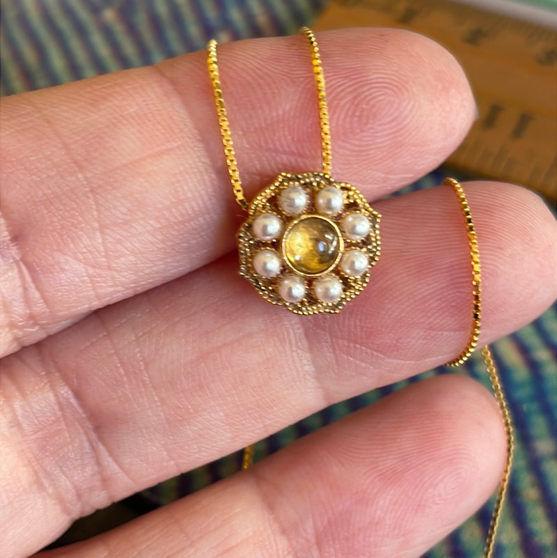 Citrine Pearl Filigree Necklace - Gold over Sterling Silver - Modern