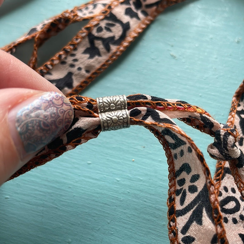 Flower Locket - Silk Patterned Fabric Chain - Sterling Silver - Vintage