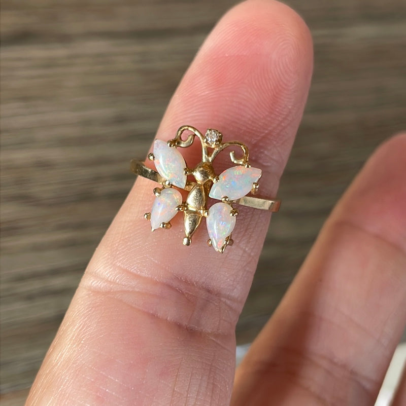 Opal Butterfly Ring - Diamond - 14k Gold - Vintage