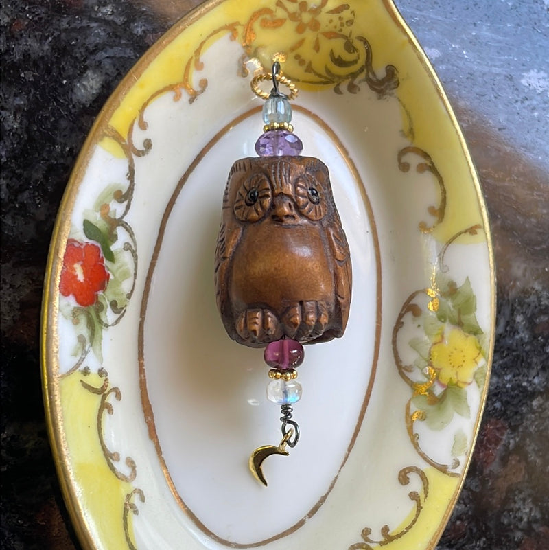 Carved Owl Pendant - Netsuke - Moonstone, Garnet, Amethyst and Fluorite - Gold Filled Moon - Sterling and Gold filled findings