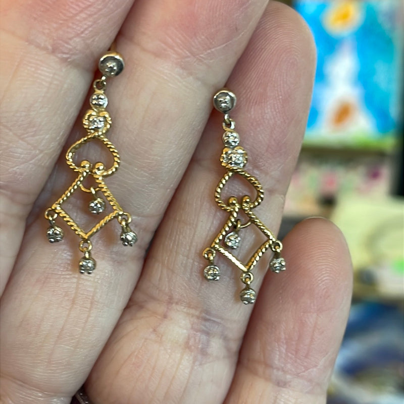 Diamond Dangle Drop Earrings - 10k Gold - Vintage